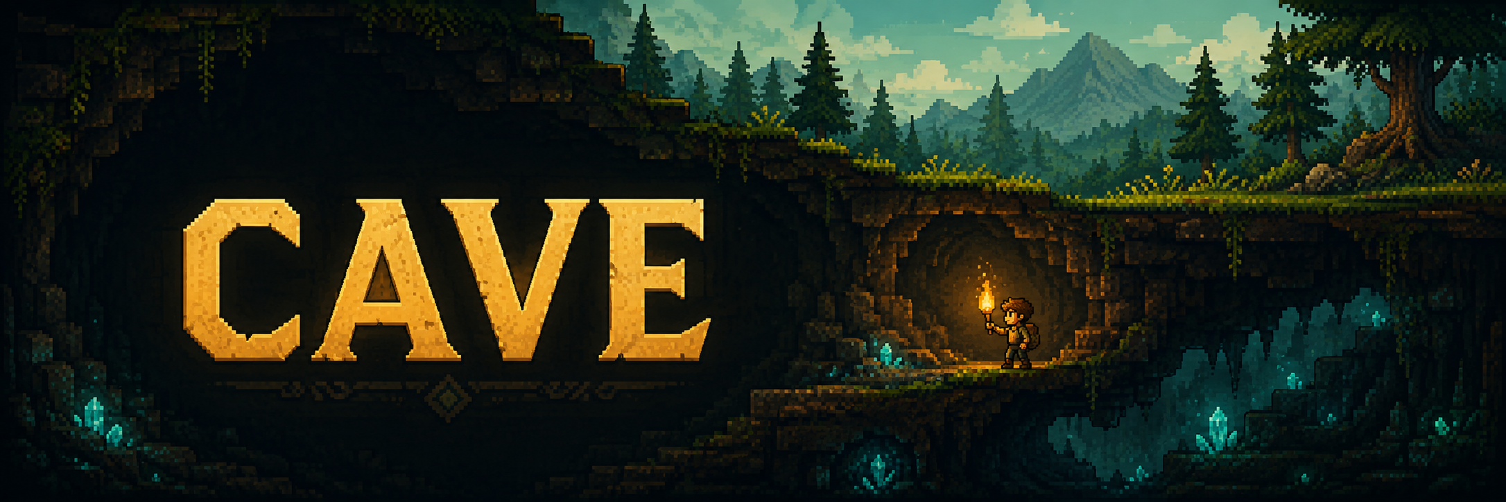 Cave illustrated banner: a torch-bearing explorer beneath a forest, with glowing crystals in the rock.